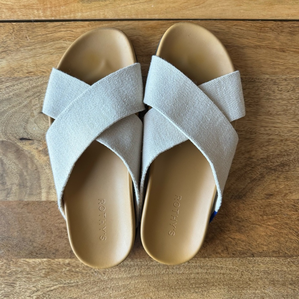 Rothy’s The Weekend Slide Size 8.5 Oat Tan Beige Sandals Criss Cross